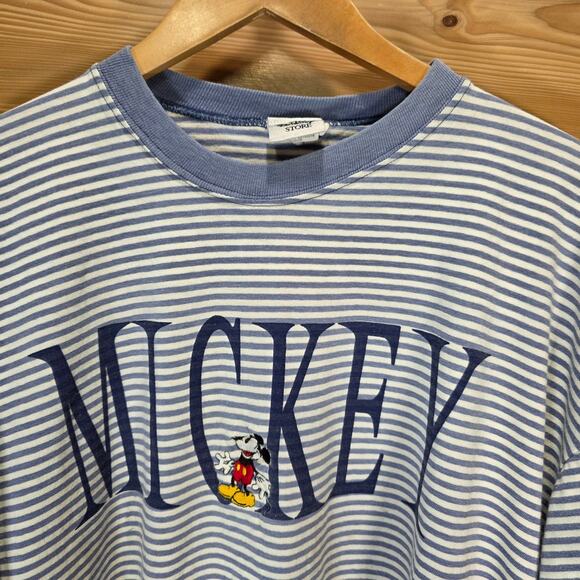Vintage 90s Disney Store Mickey Mouse T Shirt Striped USA Distress Stain READ - Picture 2 of 16